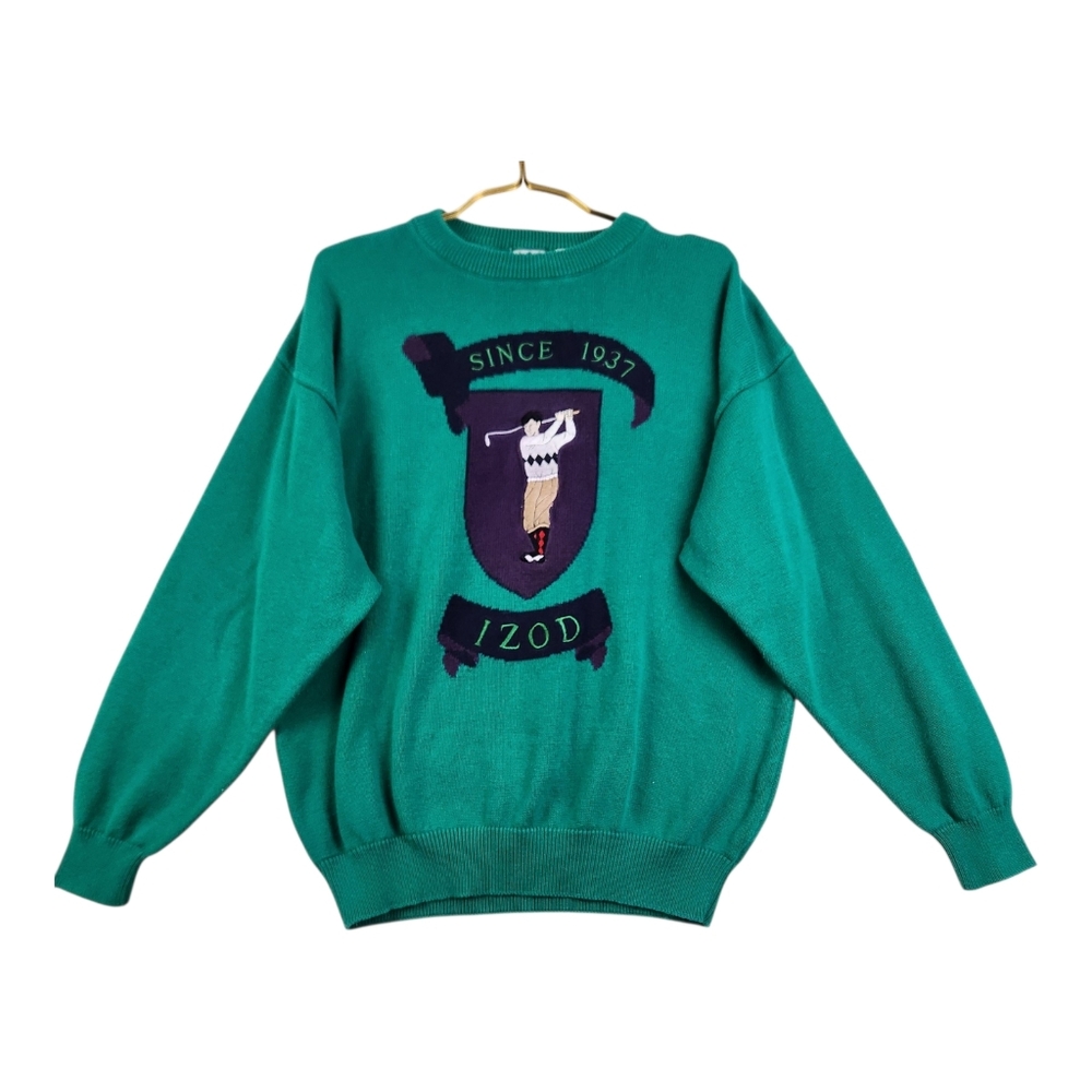 Vintage 90s IZOD Mens Large Green Cotton Embroidered Retro Preppy Golf Sweater